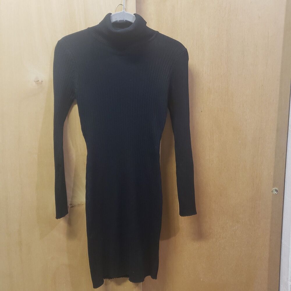 BETTER BE BLACK RIBBED TURTLENECK Mini Dress Sz L shoulder-hem 33.5"pit-pit 18"